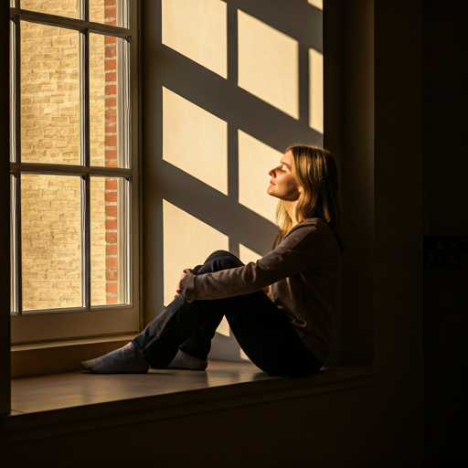 Persona sentada pacíficamente cerca de una ventana con luz solar cálida